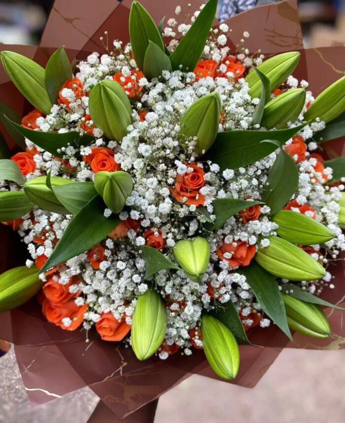COLORFUL ORANGE ROSES & LILIES