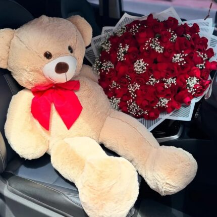 120CM TEDDY BEAR & 60 RED ROSES