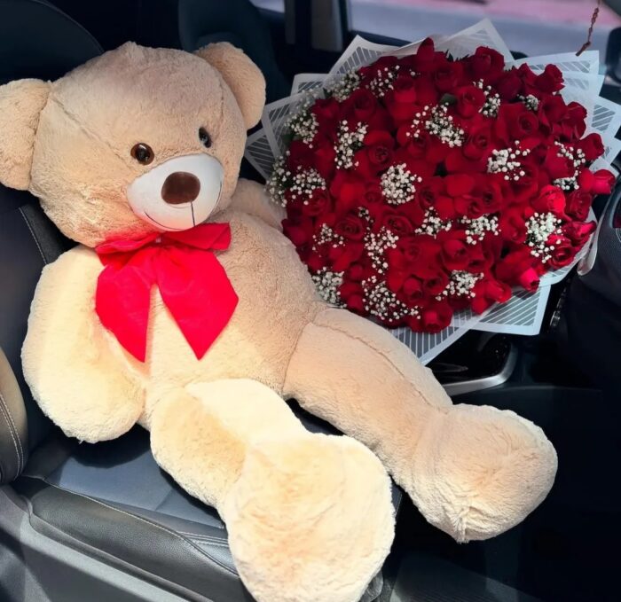 120CM TEDDY BEAR & 60 RED ROSES