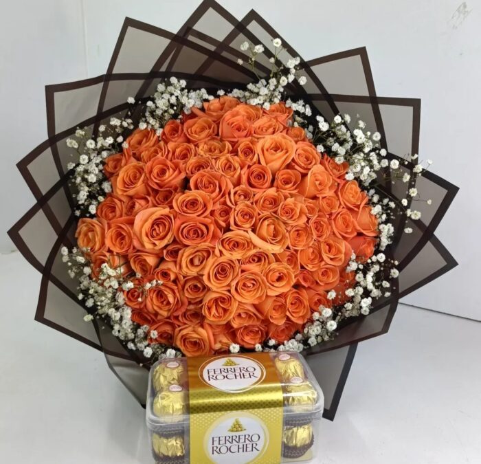 60 ORANGE ROSES & 16 FERRERO CHOCOLATES