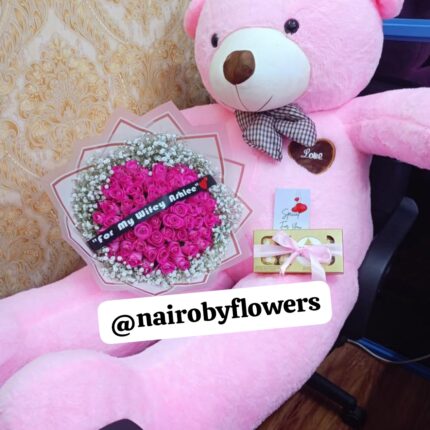 TEDDY BEAR, CHOCOLATE & PINK ROSES