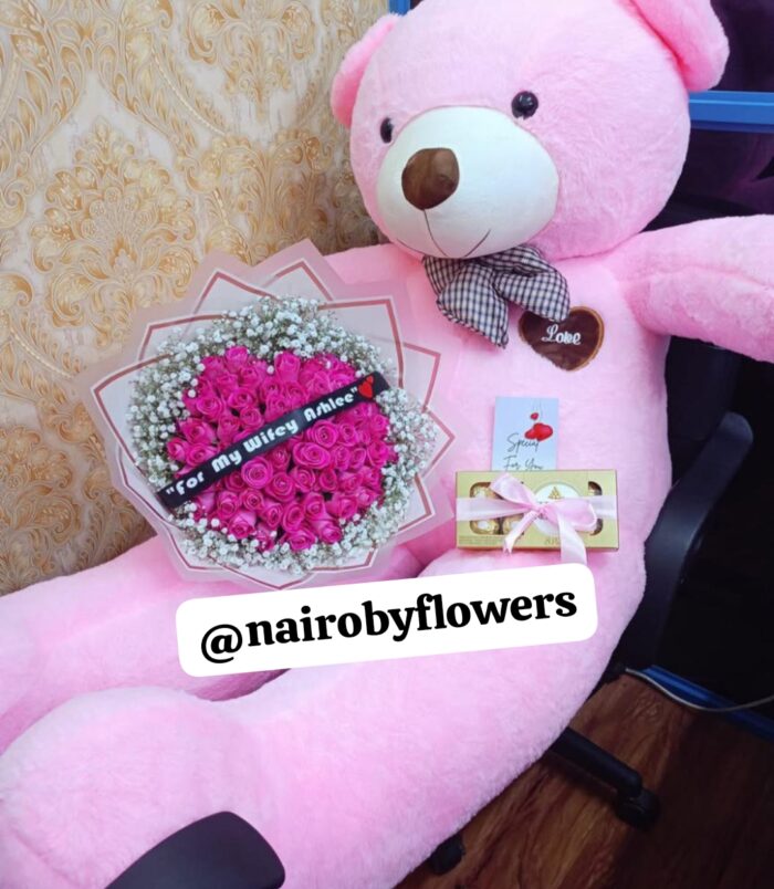 TEDDY BEAR, CHOCOLATE & PINK ROSES