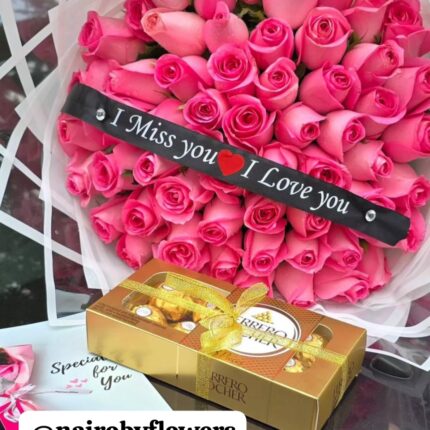 PINK ROSES, FERRERO CHOCOLATES & CUSTOMISED RIBBON