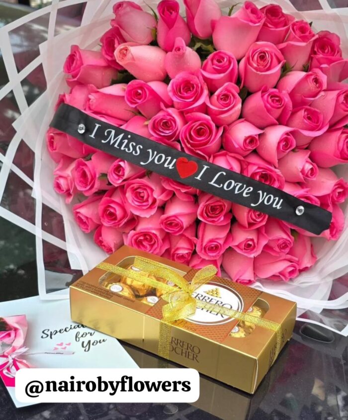 PINK ROSES, FERRERO CHOCOLATES & CUSTOMISED RIBBON