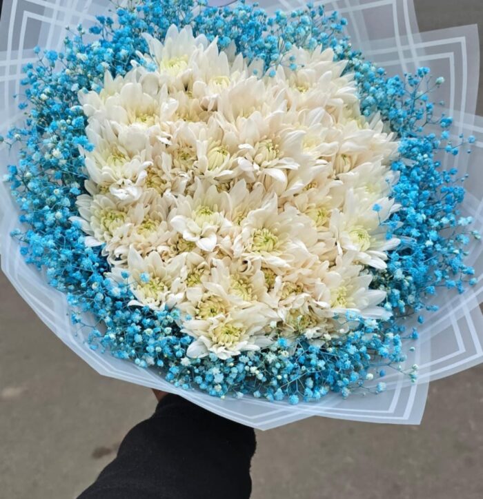 WHITE CHRYSANTHEMUMS WITH COLORED BABY BREATH