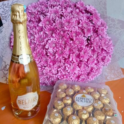 CHAMPAGNE,24 FERRERO CHOCOLATES & CHRYSANTHEMUMS BOUQUET